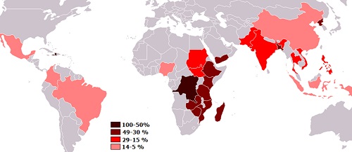 Процент голодающих в разных странах мира